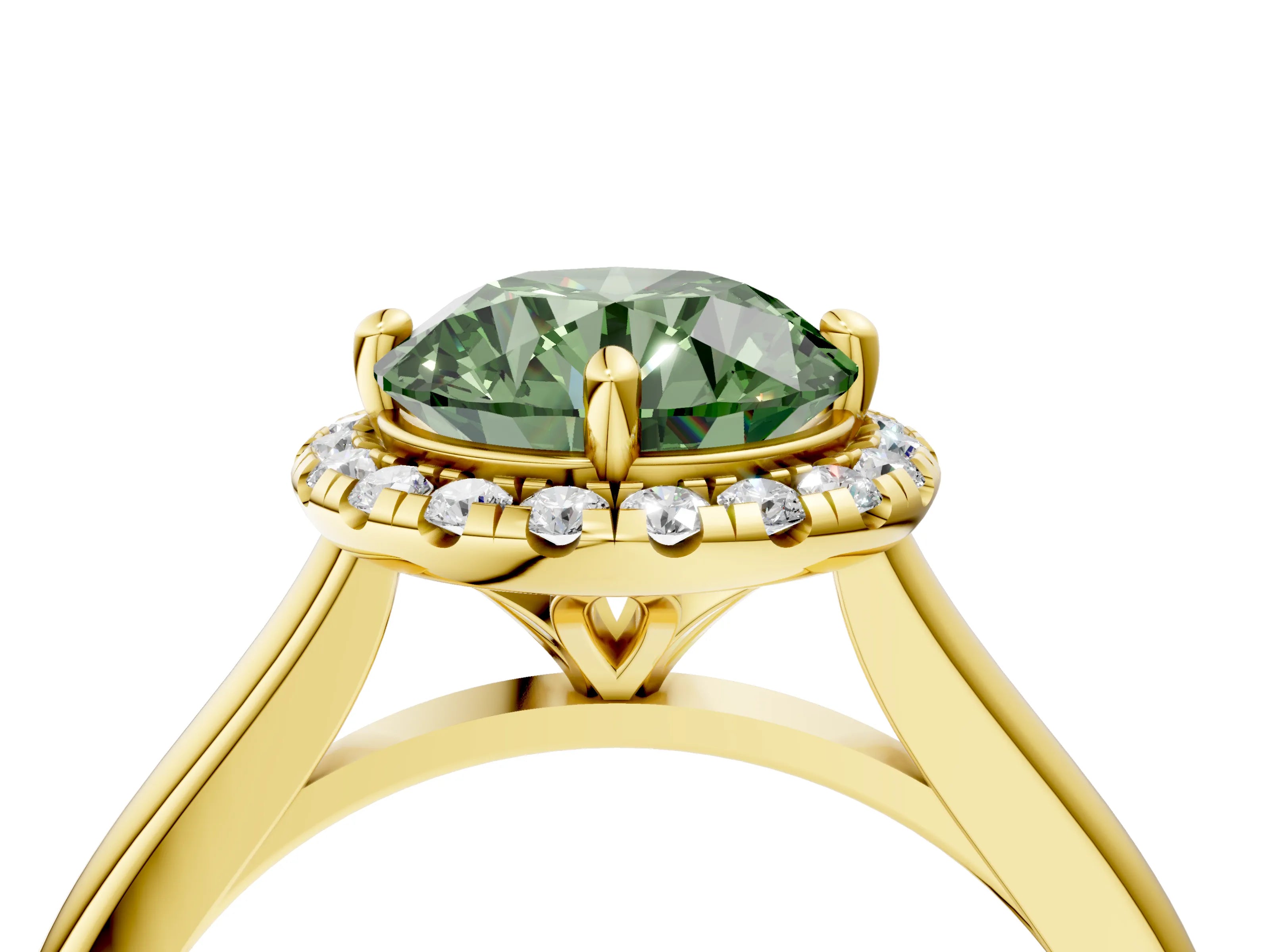 Yellow gold Fancy Green Round Cut Halo Round Diamond Solitaire Engagement Ring with Pave Band and Four-Prong Setting_16