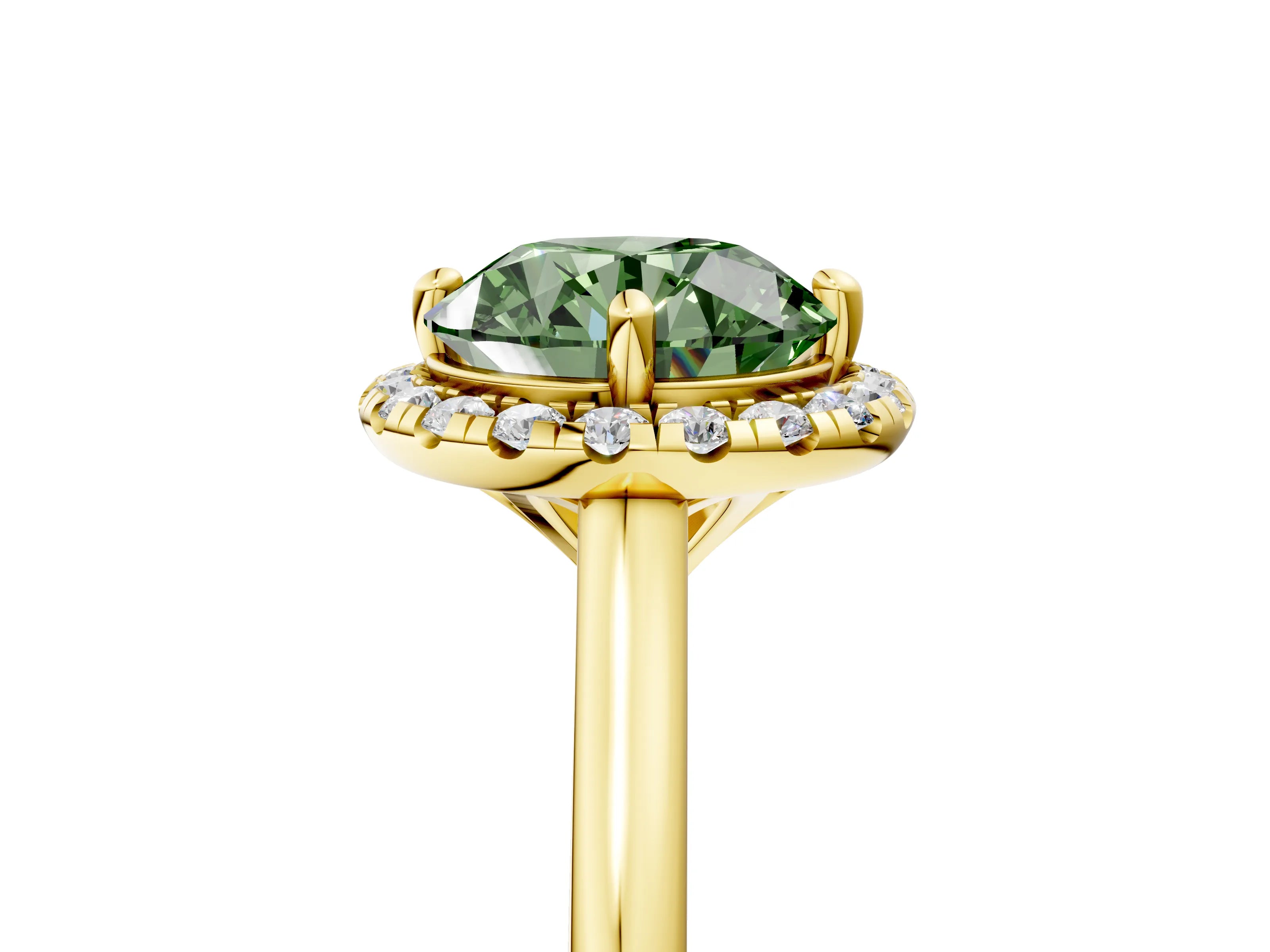 Yellow gold Fancy Green Round Cut Halo Round Diamond Solitaire Engagement Ring with Pave Band and Four-Prong Setting_17