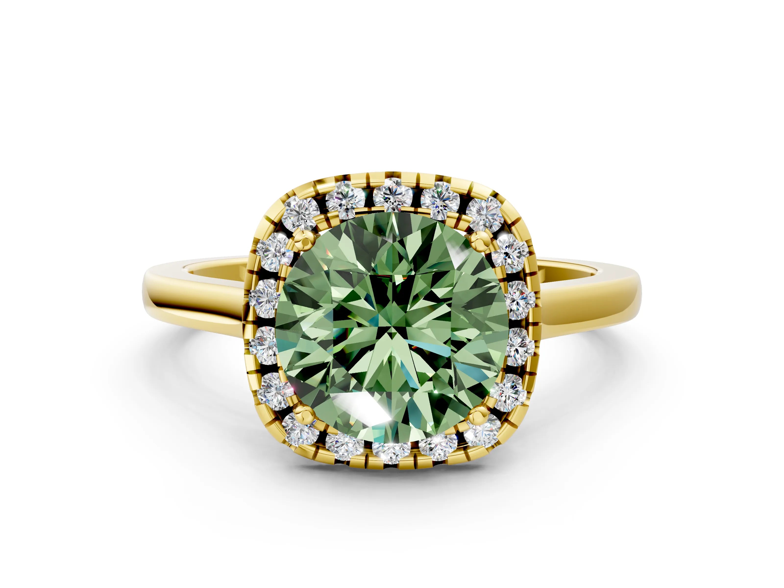 Yellow gold Fancy Green Round Cut Halo Round Diamond Solitaire Ring with Pavé Band and Four-Prong Setting