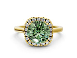 Yellow gold Fancy Green Round Cut Halo Round Diamond Solitaire Ring with Pavé Band and Four-Prong Setting