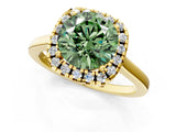 Yellow gold Fancy Green Round Cut Halo Round Diamond Solitaire Ring with Pavé Band and Four-Prong Setting_1