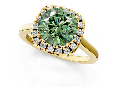 Yellow gold Fancy Green Round Cut Halo Round Diamond Solitaire Ring with Pavé Band and Four-Prong Setting_1