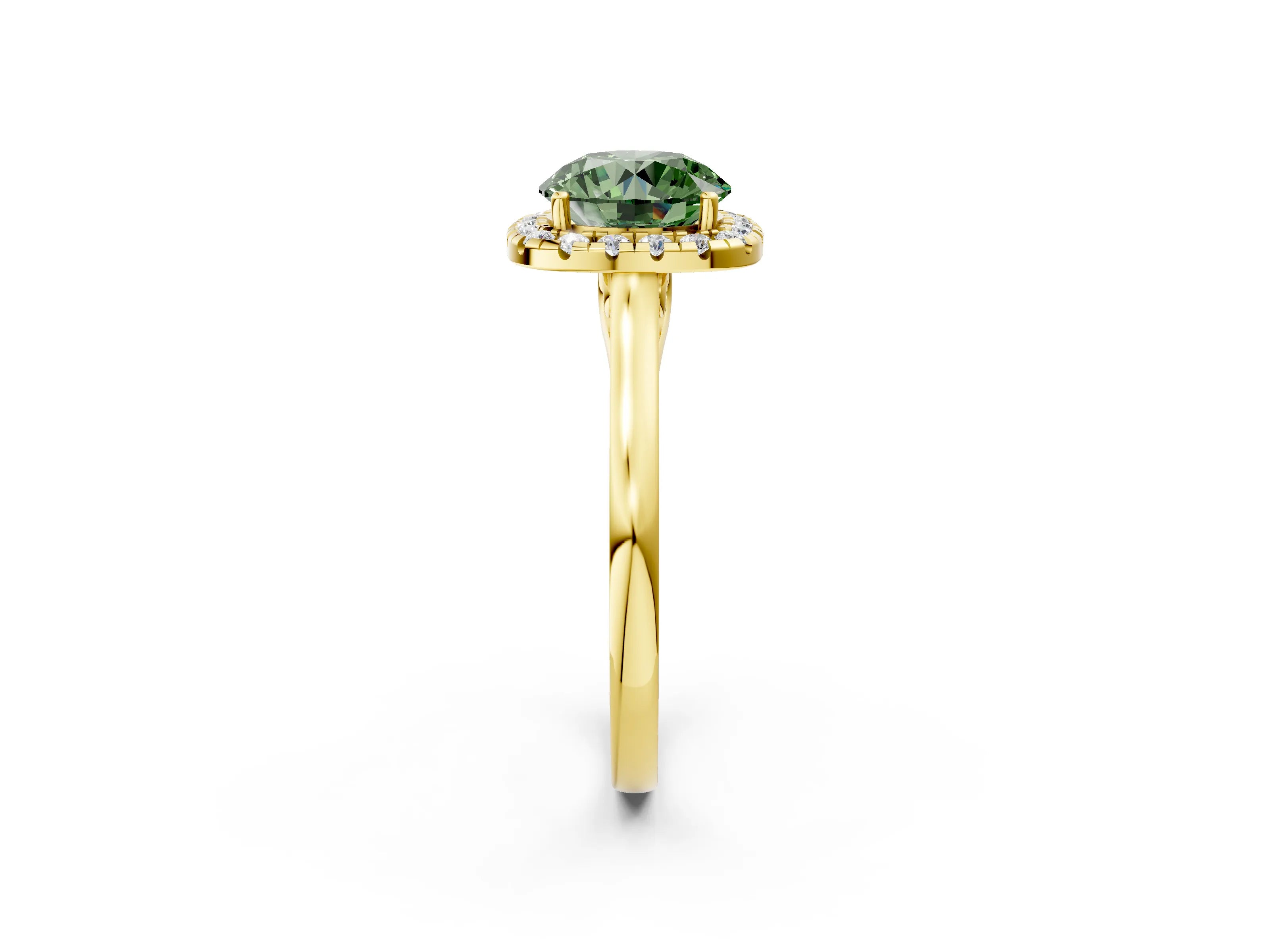 Yellow gold Fancy Green Round Cut Halo Round Diamond Solitaire Ring with Pavé Band and Four-Prong Setting_2