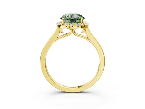 Yellow gold Fancy Green Round Cut Halo Round Diamond Solitaire Ring with Pavé Band and Four-Prong Setting_3