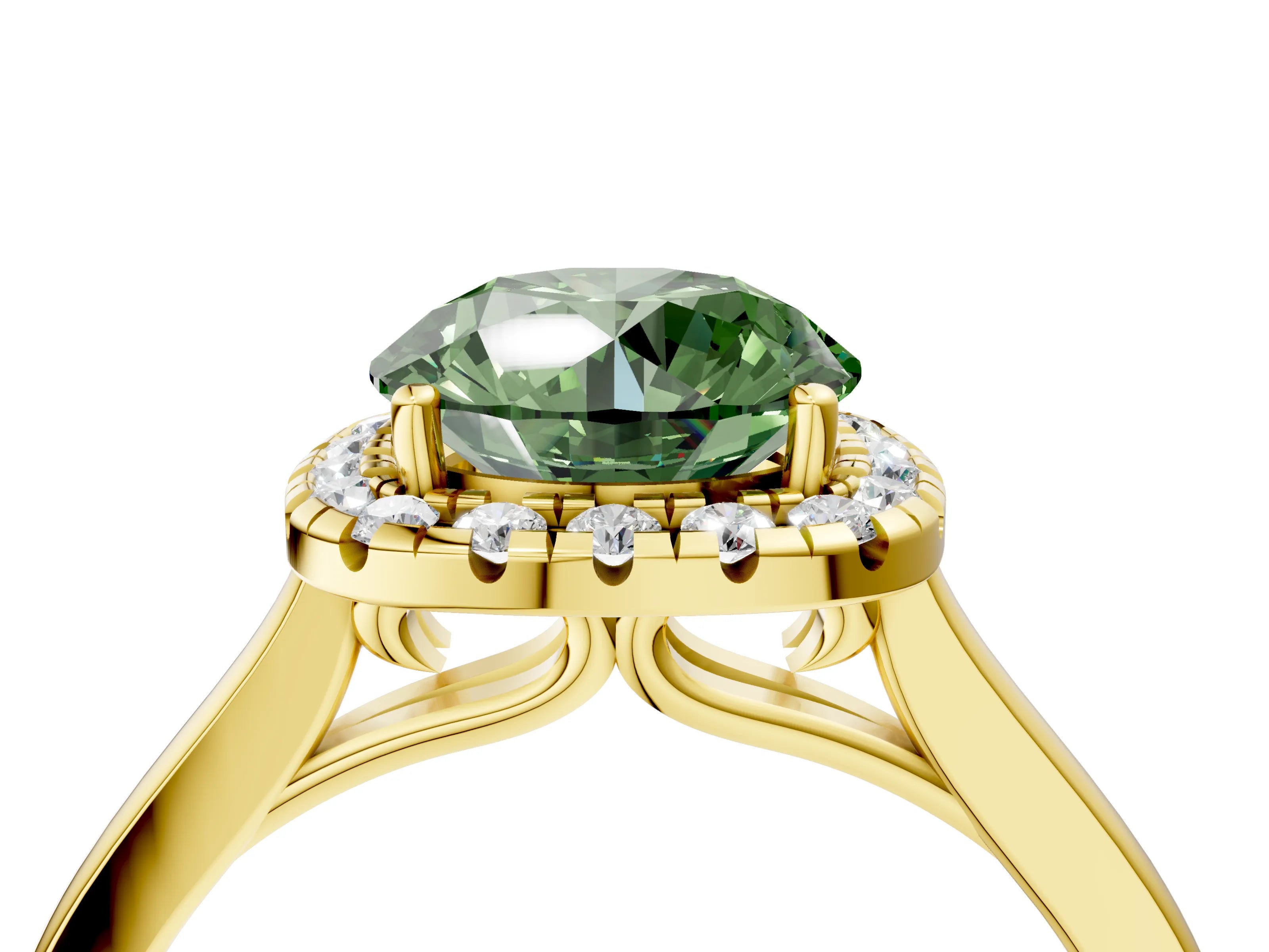 Yellow gold Fancy Green Round Cut Halo Round Diamond Solitaire Ring with Pavé Band and Four-Prong Setting_4