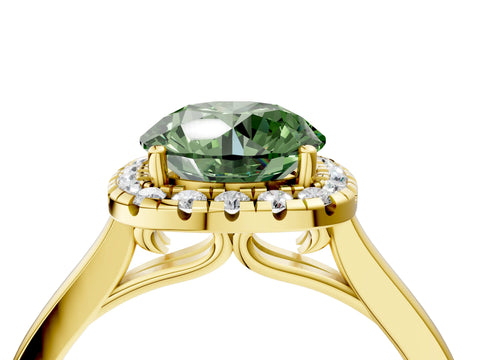 Yellow gold Fancy Green Round Cut Halo Round Diamond Solitaire Ring with Pavé Band and Four-Prong Setting_4