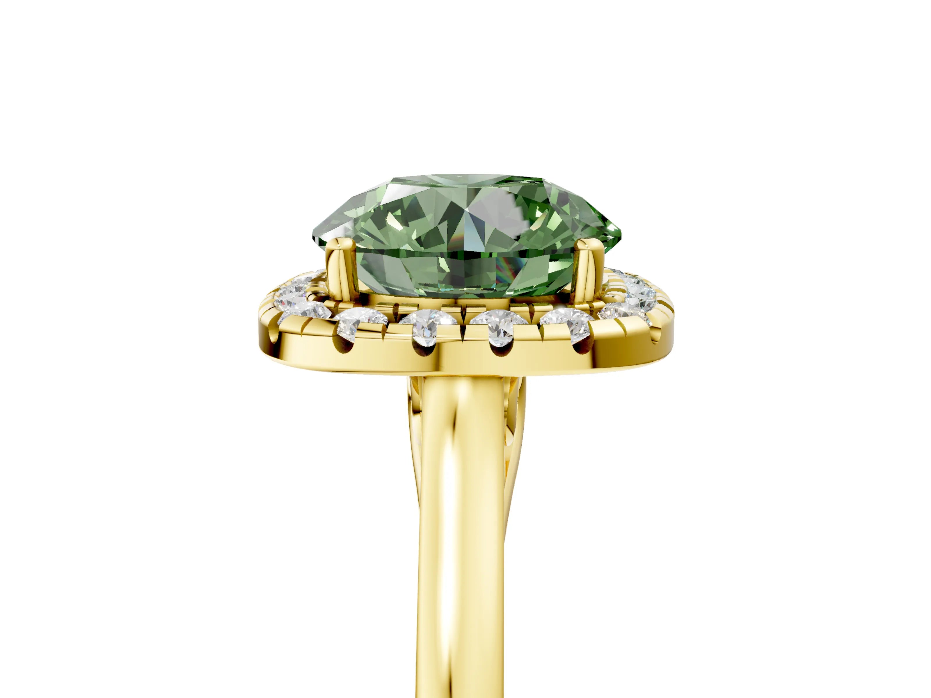 Yellow gold Fancy Green Round Cut Halo Round Diamond Solitaire Ring with Pavé Band and Four-Prong Setting_5