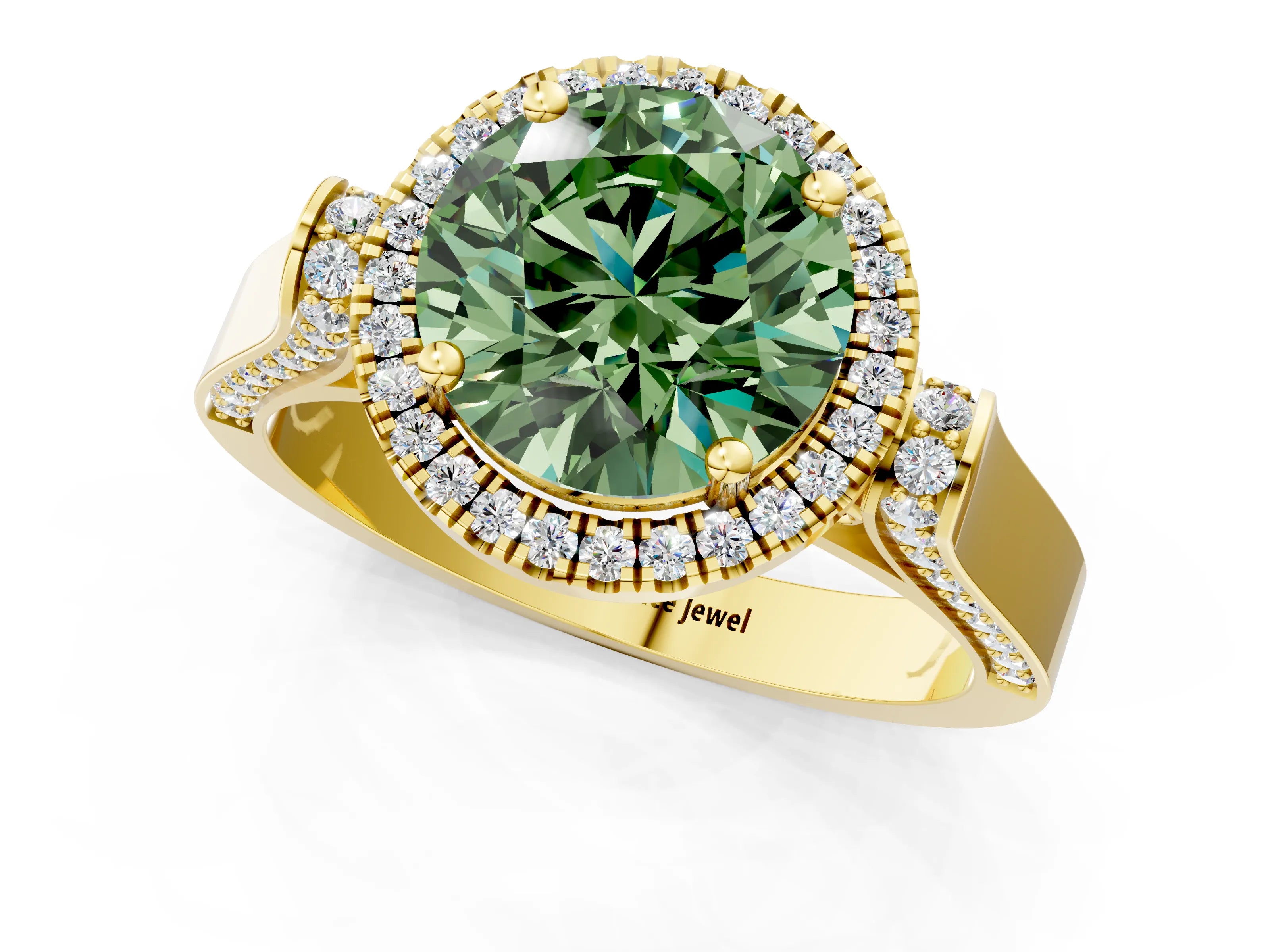 Yellow gold Fancy Green Round Cut Halo Round Diamond Twist Band with Four-Prong Setting_1