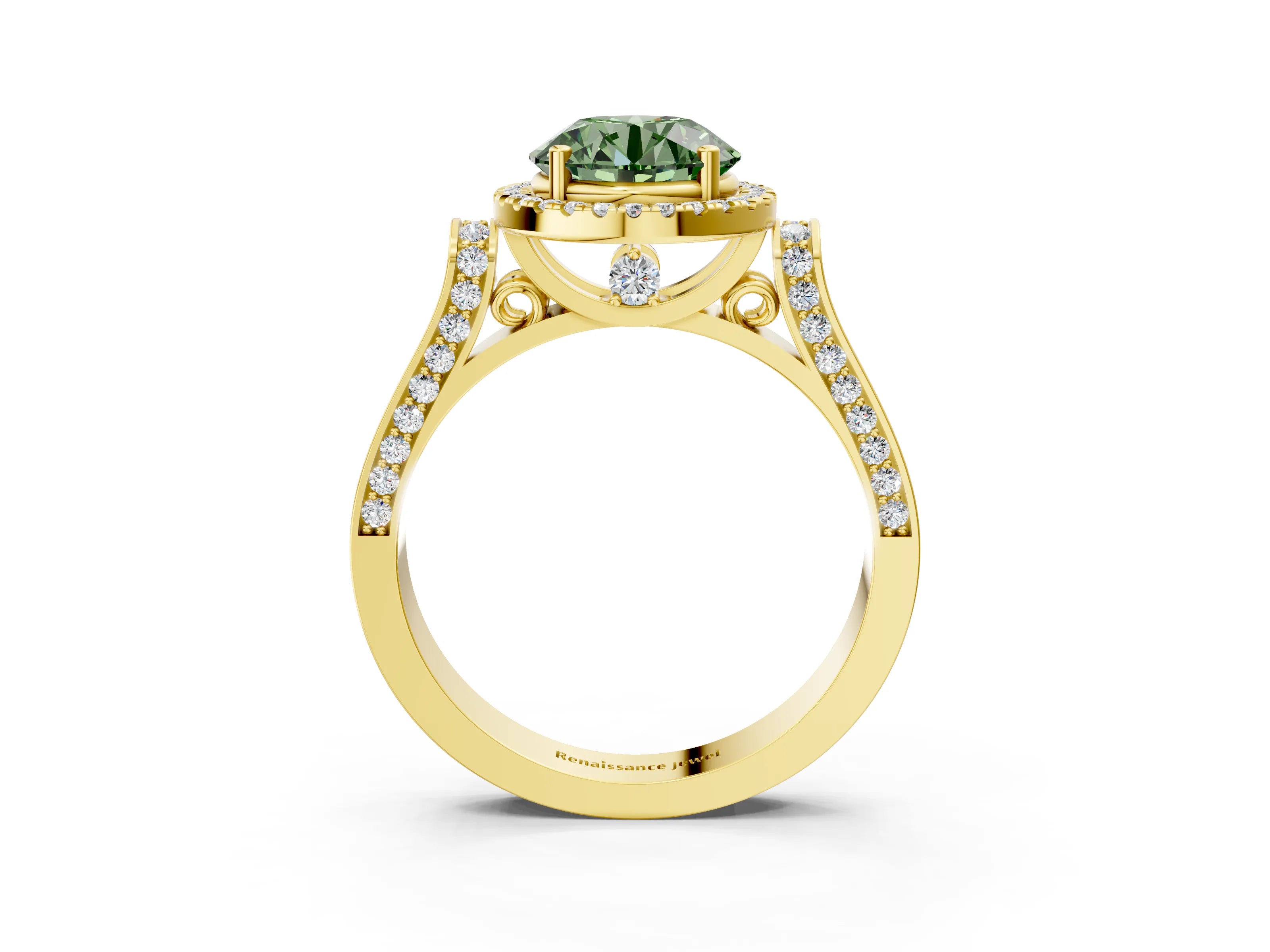Yellow gold Fancy Green Round Cut Halo Round Diamond Twist Band with Four-Prong Setting_3