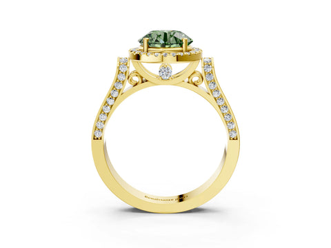 Yellow gold Fancy Green Round Cut Halo Round Diamond Twist Band with Four-Prong Setting_3