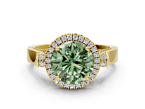 Yellow gold Fancy Green Round Cut Halo Round Diamond Twist Band with Four-Prong Setting