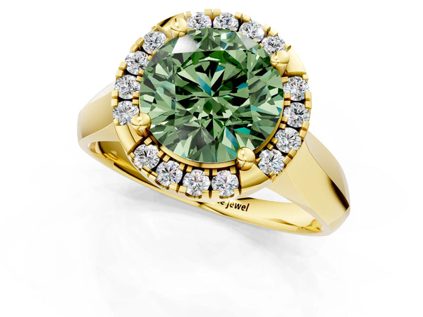 Yellow gold Fancy Green Round  Cut Halo Solitaire Engagement Ring with Square Band and Four-Prong Setting
