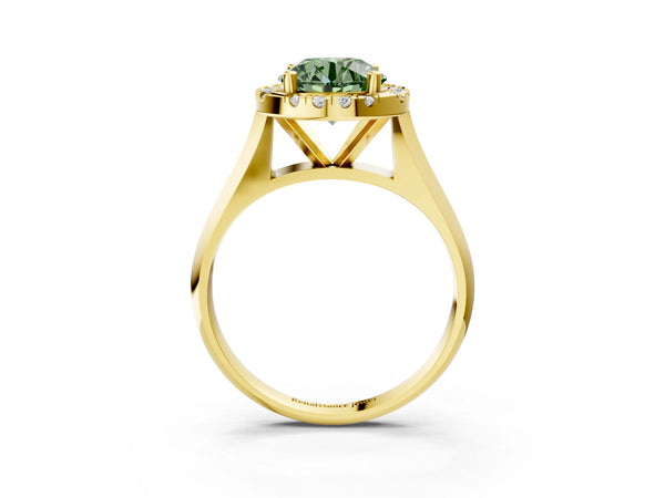 Yellow gold Fancy Green Round  Cut Halo Solitaire Engagement Ring with Square Band and Four-Prong Setting