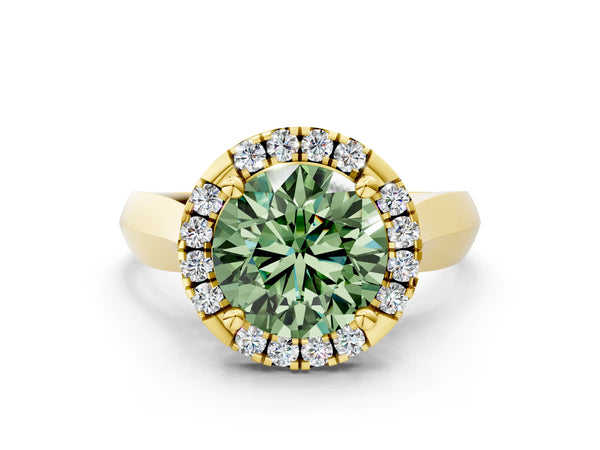 Yellow gold Fancy Green Round  Cut Halo Solitaire Engagement Ring with Square Band and Four-Prong Setting