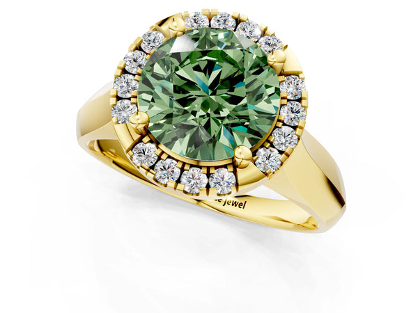 Yellow gold Fancy Green Round  Cut Halo Solitaire Engagement Ring with Square Band and Four-Prong Setting
