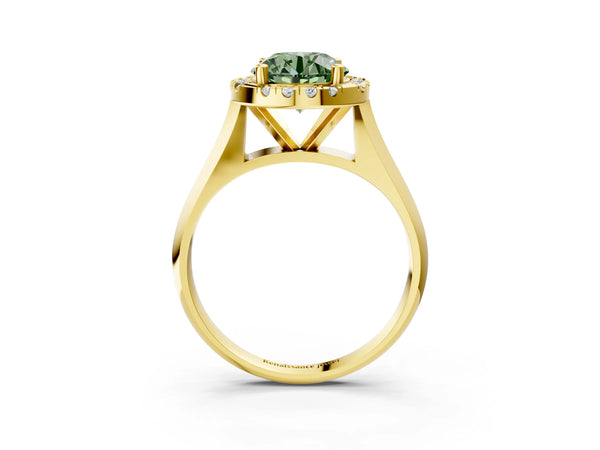 Yellow gold Fancy Green Round  Cut Halo Solitaire Engagement Ring with Square Band and Four-Prong Setting