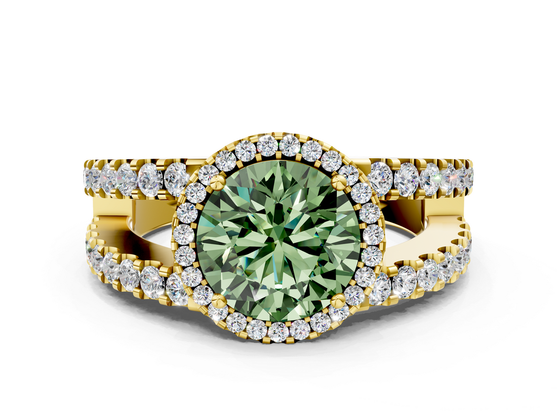 Yellow gold Fancy Green Round  Cut Halo Split Shank Diamond Ring with Four-Prong Setting_44