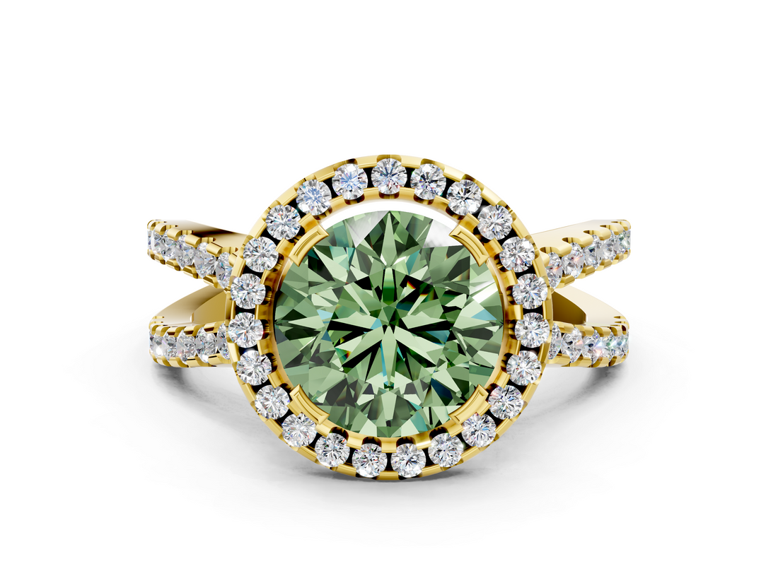 Yellow gold Fancy Green Round  Cut Halo Split Shank Pave Set Ring_62