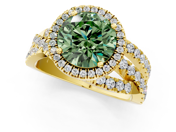 Yellow gold Fancy Green Round  Cut Halo Split Shank Prong Setting Ring