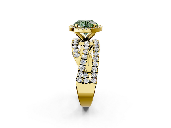 Yellow gold Fancy Green Round  Cut Halo Split Shank Prong Setting Ring