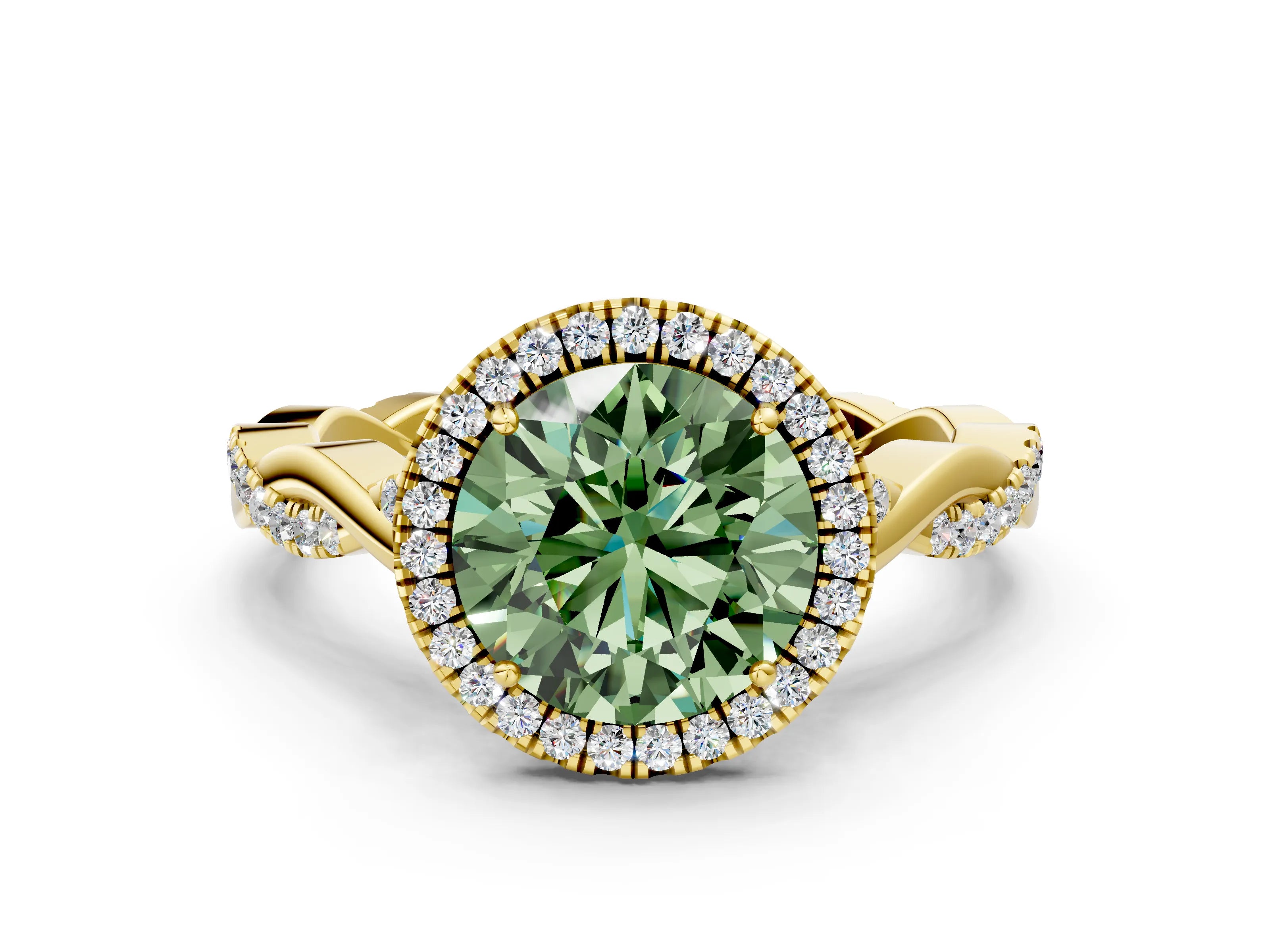 Yellow gold Fancy Green Round Cut Halo Twist Band with Four-Prong Setting