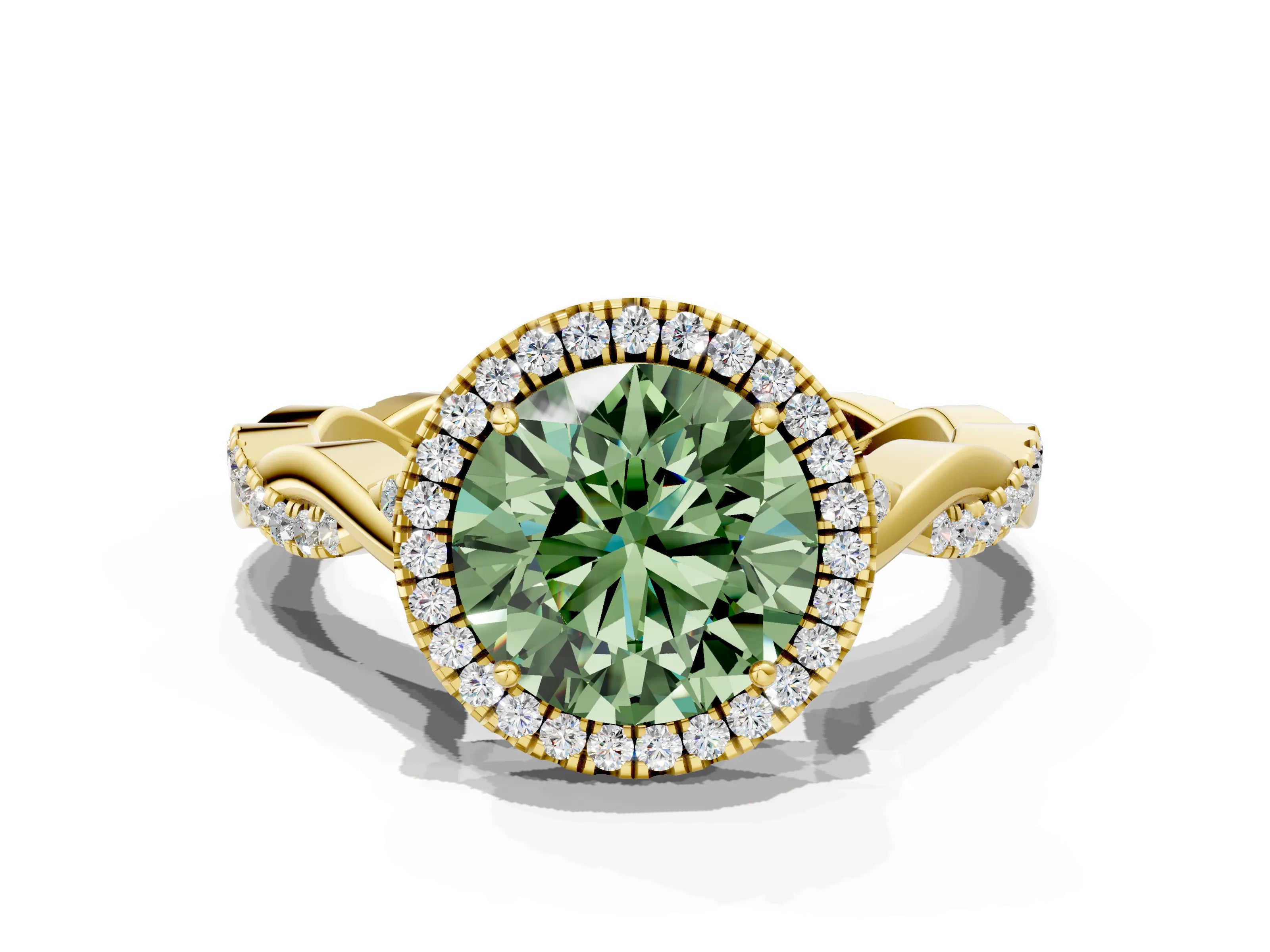 Yellow gold Fancy Green Round Cut Halo Twist Band with Four-Prong Setting_12
