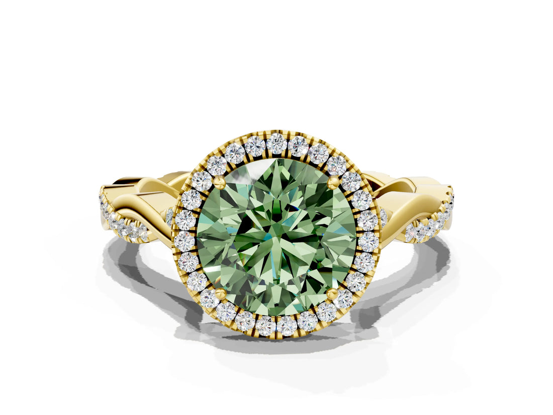Yellow gold Fancy Green Round Cut Halo Twist Band with Four-Prong Setting_12