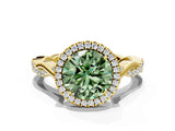 Yellow gold Fancy Green Round Cut Halo Twist Band with Four-Prong Setting_12