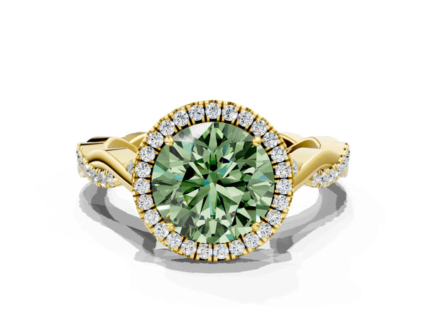 Yellow gold Fancy Green Round Cut Halo Twist Band with Four-Prong Setting