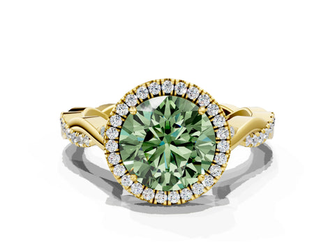Yellow gold Fancy Green Round Cut Halo Twist Band with Four-Prong Setting_12