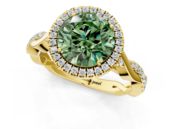 Yellow gold Fancy Green Round Cut Halo Twist Band with Four-Prong Setting
