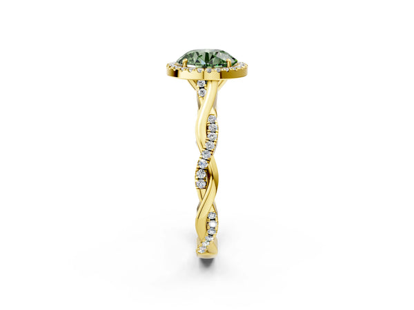 Yellow gold Fancy Green Round Cut Halo Twist Band with Four-Prong Setting