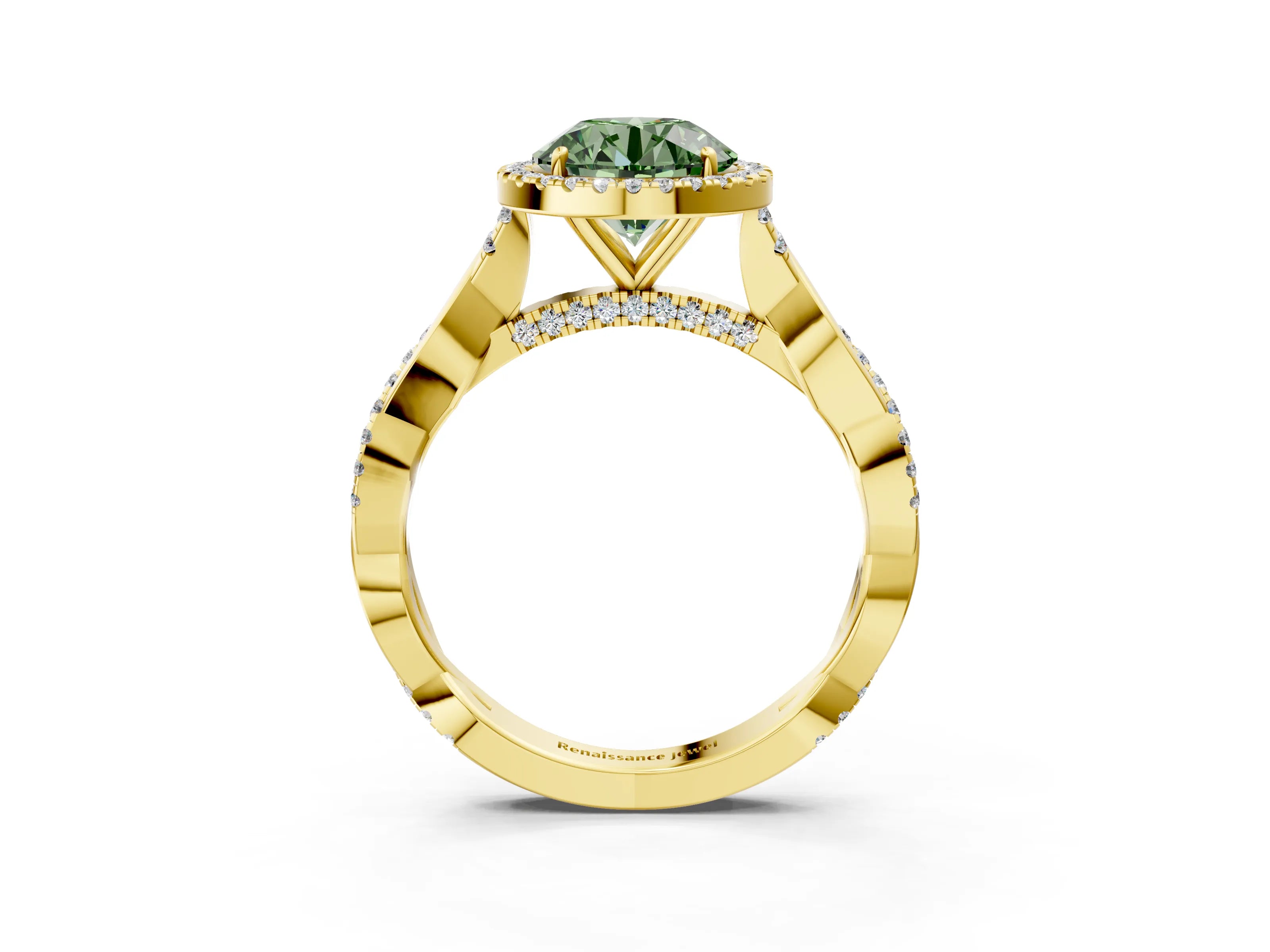 Yellow gold Fancy Green Round Cut Halo Twist Band with Four-Prong Setting_15