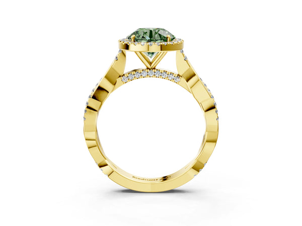 Yellow gold Fancy Green Round Cut Halo Twist Band with Four-Prong Setting