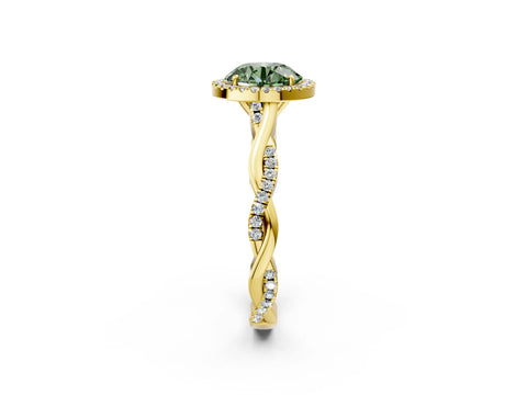 Yellow gold Fancy Green Round Cut Halo Twist Band with Four-Prong Setting_2