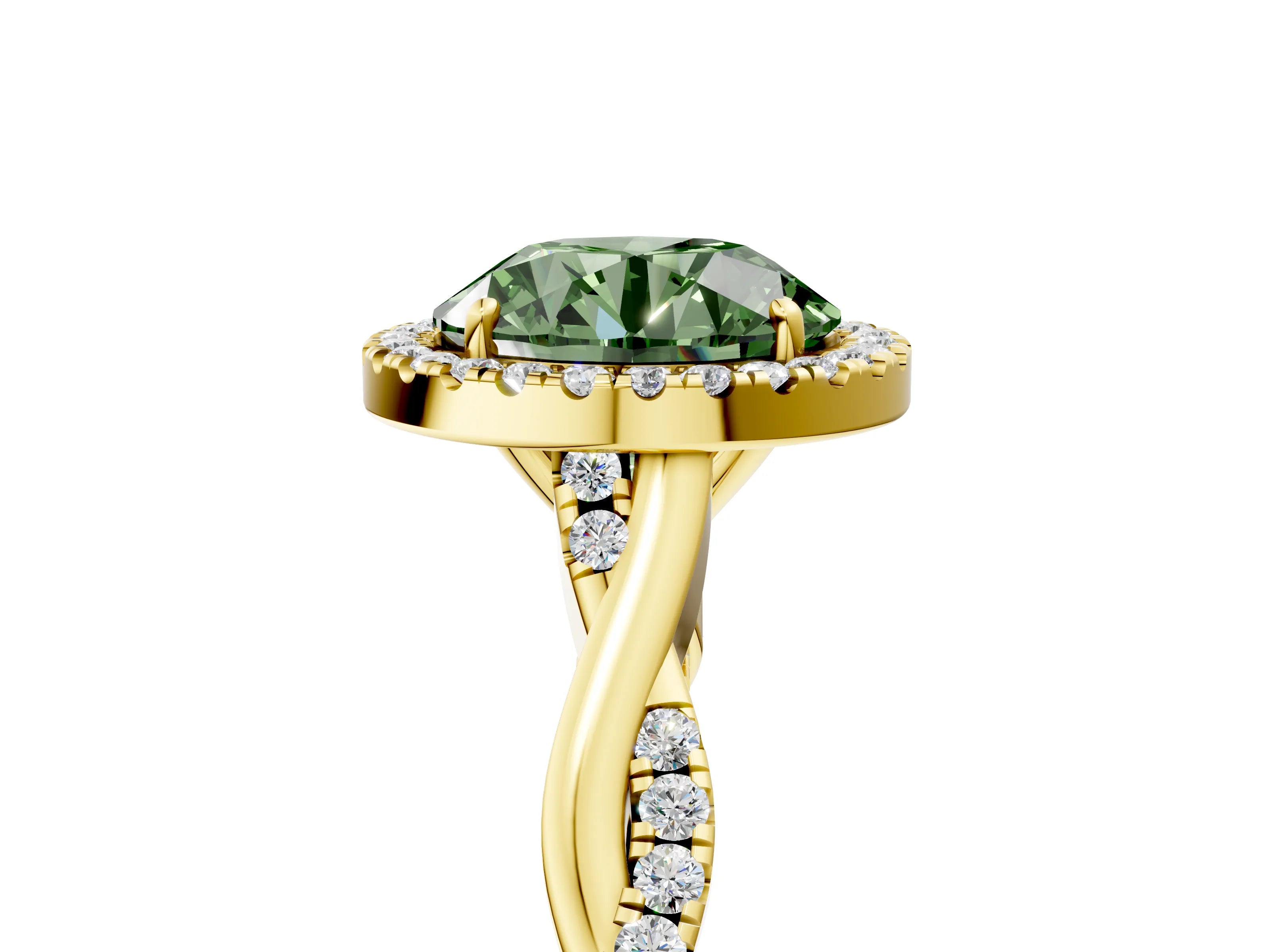 Yellow gold Fancy Green Round Cut Halo Twist Band with Four-Prong Setting_5