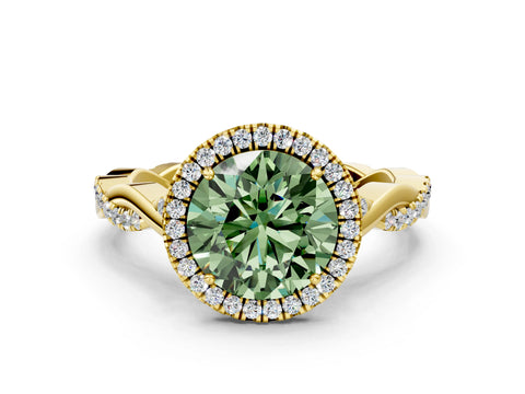 Yellow gold Fancy Green Round Cut Halo Twist Band with Four-Prong Setting