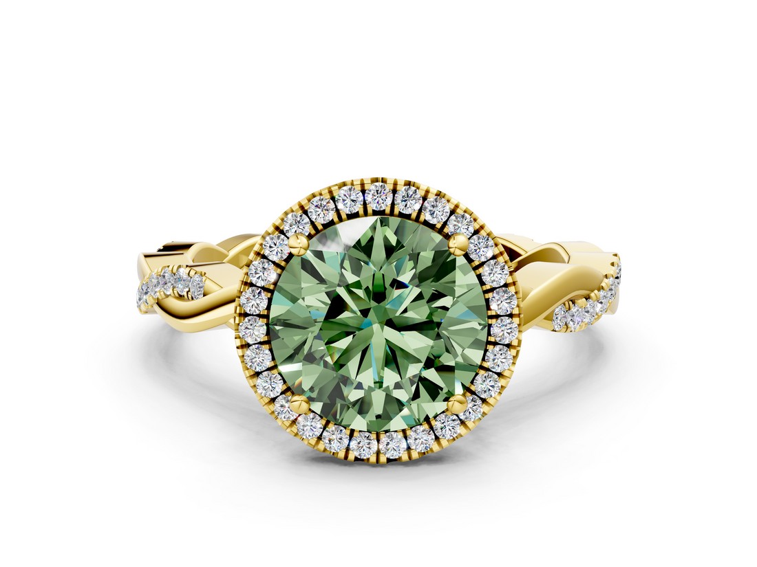 Yellow gold Fancy Green Round  Cut Halo Twisted Band Four-Prong Ring_56