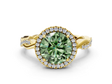 Yellow gold Fancy Green Round  Cut Halo Twisted Band Four-Prong Ring_56