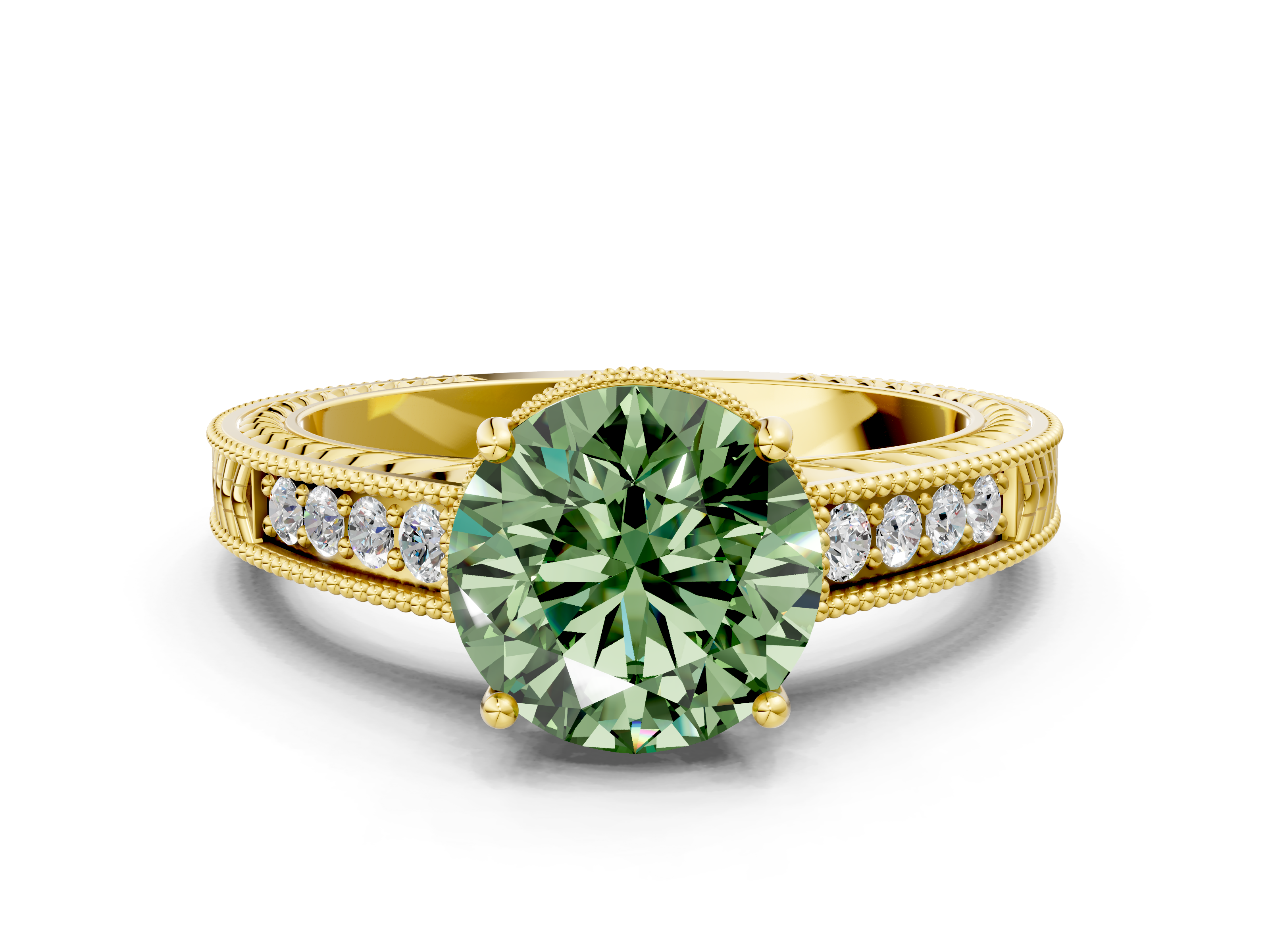 Yellow gold Fancy Green Round  Cut Milgrain Channel Set Engagement Ring with Solitaire Prong Setting_47