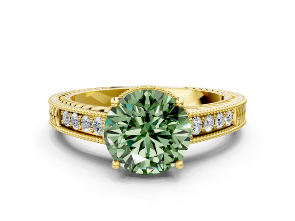 Yellow gold Fancy Green Round Cut Diamond Engagement Ring with Milgrain Channel Set Band and Prong Setting