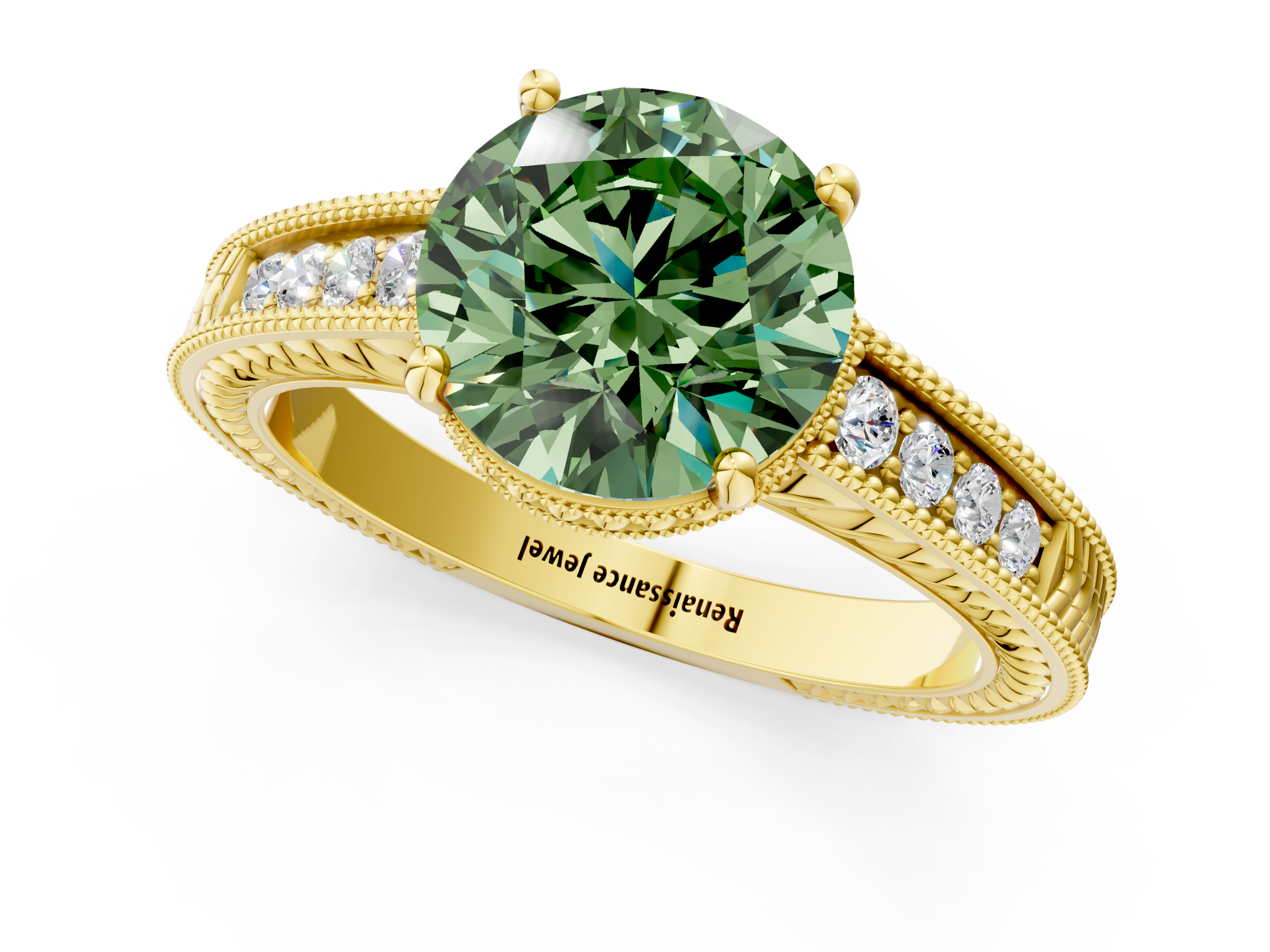 Yellow gold Fancy Green Round  Cut Milgrain Channel Set Engagement Ring with Solitaire Prong Setting_48