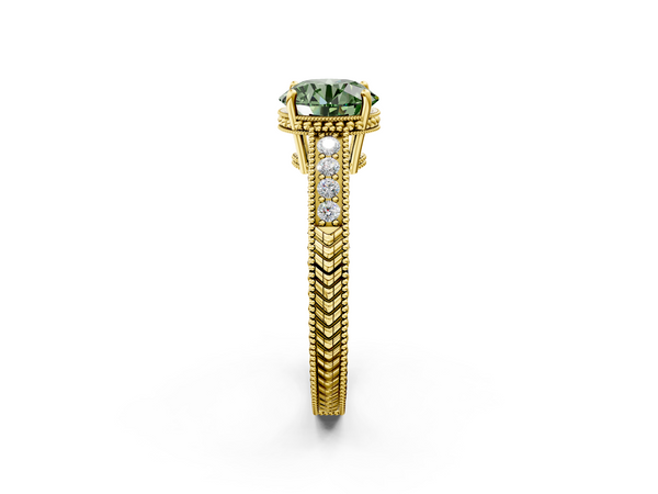 Yellow gold Fancy Green Round Cut Diamond Engagement Ring with Milgrain Channel Set Band and Prong Setting