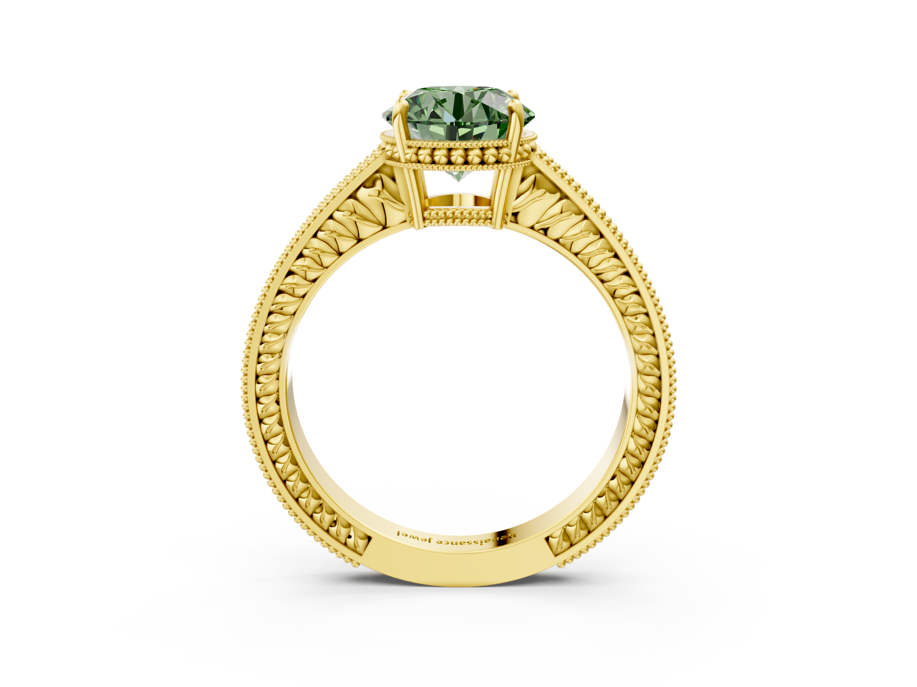 Yellow gold Fancy Green Round  Cut Milgrain Channel Set Engagement Ring with Solitaire Prong Setting_50