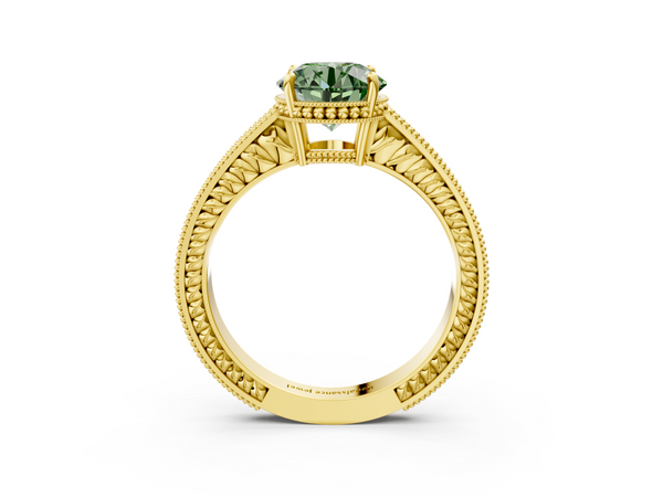 Yellow gold Fancy Green Round Cut Diamond Engagement Ring with Milgrain Channel Set Band and Prong Setting