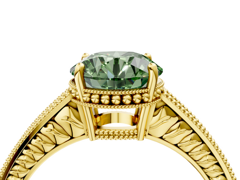 Yellow gold Fancy Green Round  Cut Milgrain Channel Set Engagement Ring with Solitaire Prong Setting_51