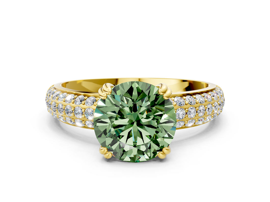 Yellow gold Fancy Green Round  Cut Pave Diamond Engagement Ring with Channel Set Band and Four-Prong Setting_20