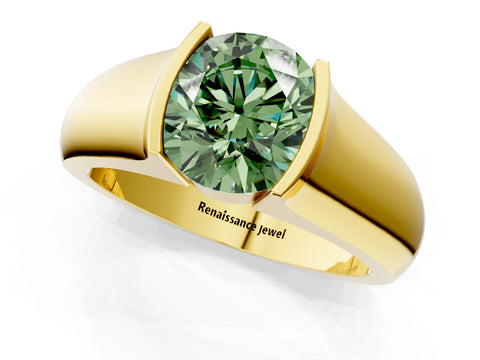 Yellow gold Fancy Green Round Cut Solitaire Bezel Set Diamond Ring with Wide Band_1