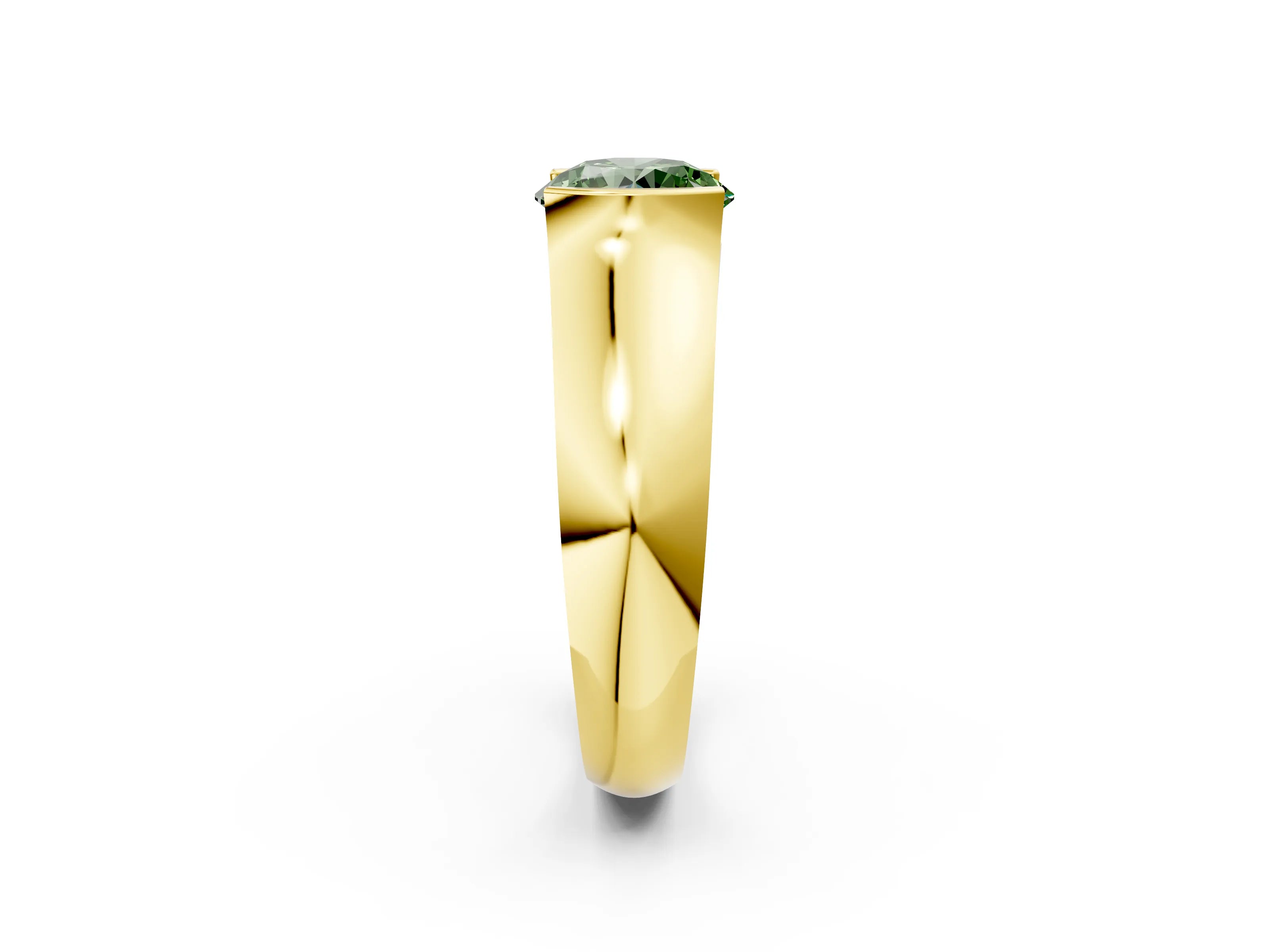 Yellow gold Fancy Green Round Cut Solitaire Bezel Set Diamond Ring with Wide Band_2