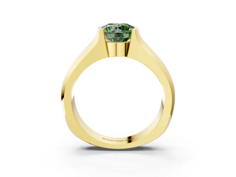 Yellow gold Fancy Green Round Cut Solitaire Bezel Set Diamond Ring with Wide Band_3